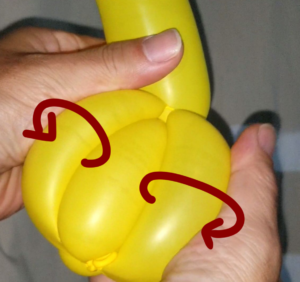 風船の鳥の身体を作るやり方は両サイドの風船を転がして真ん中の風船を超えていきます。